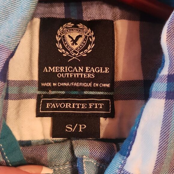 American Eagle Long Sleeve Button Down Flannel Shirt, Small, Blue & White Plaid - Picture 5 of 6